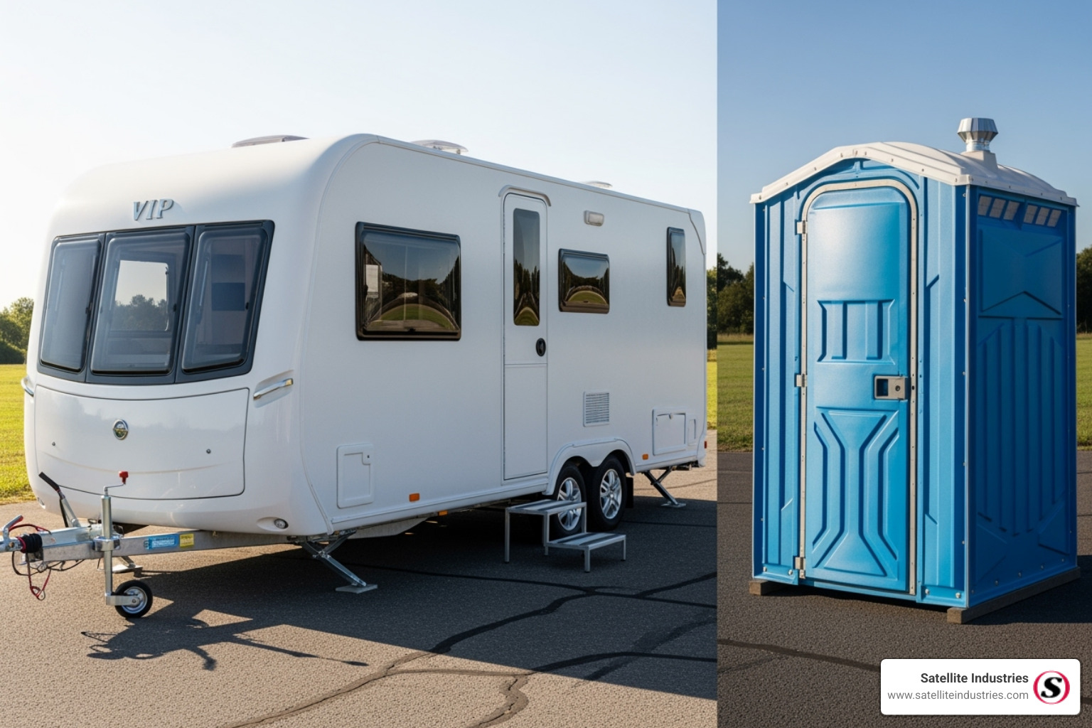 A trailer-mounted VIP toilet unit parked next to a standard static portable toilet unit - mobile toilets for sale in south africa