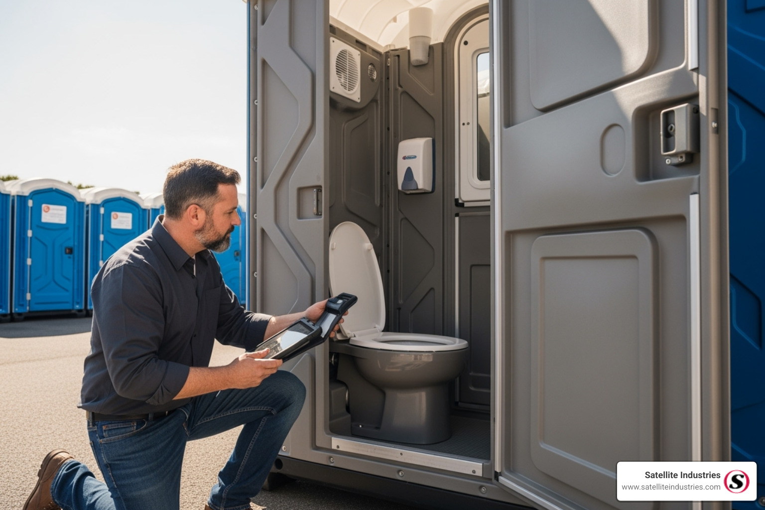 A business owner inspecting a high-quality portable toilet unit, emphasizing quality and investment - mobile toilets for sale in south africa