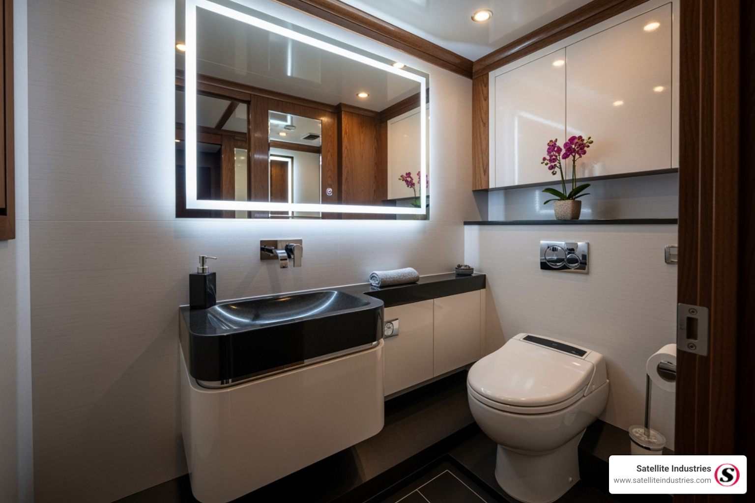 The interior of a VIP mobile toilet showing a ceramic toilet, hand basin, mirror, and neat finishes - mobile toilets for sale in south africa