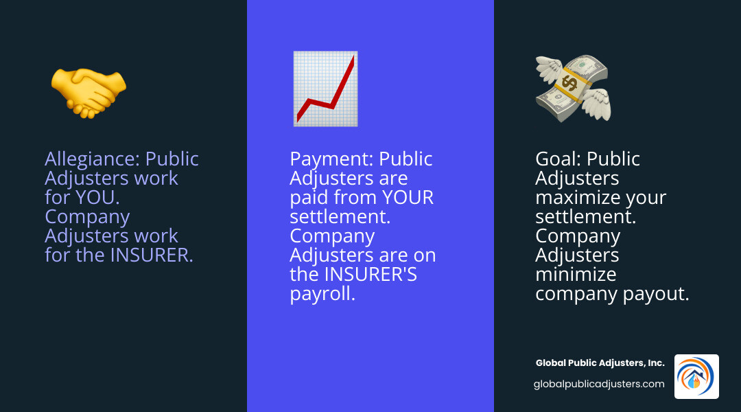 Infographic showing public adjuster (works for policyholder, maximizes payout, paid from settlement) versus insurance adjuster (works for insurance company, minimizes payout, paid by insurer) - public adjuster pensacola infographic 3_facts_emoji_blue