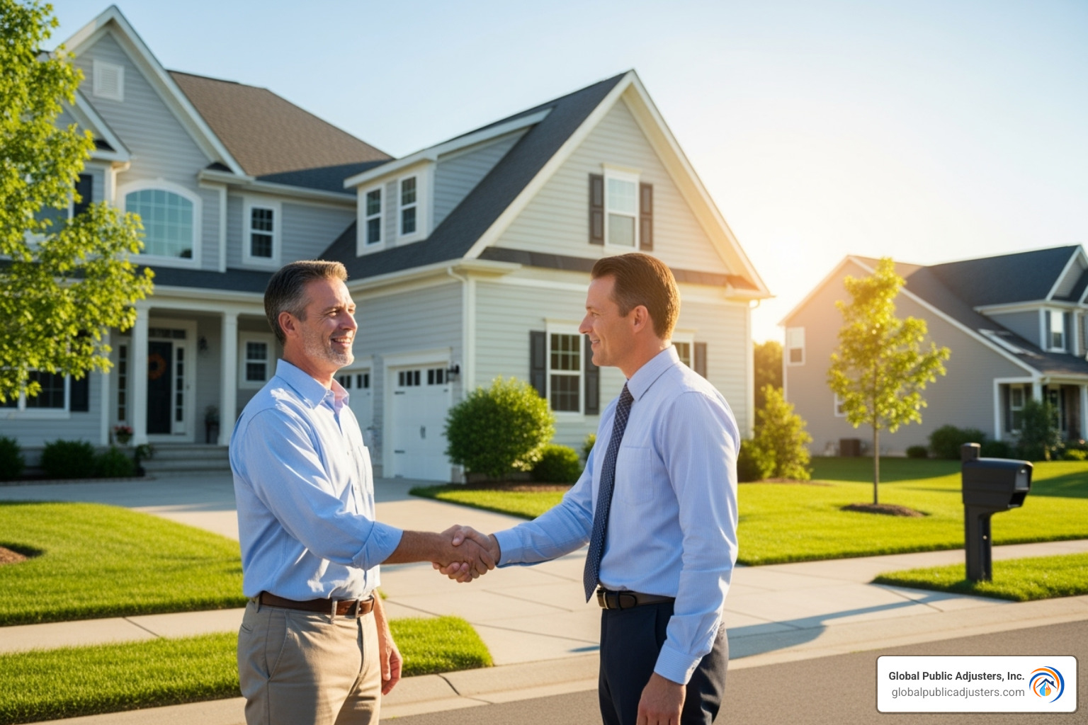 A relieved homeowner shaking hands with a public adjuster outside a repaired home - public adjuster pensacola