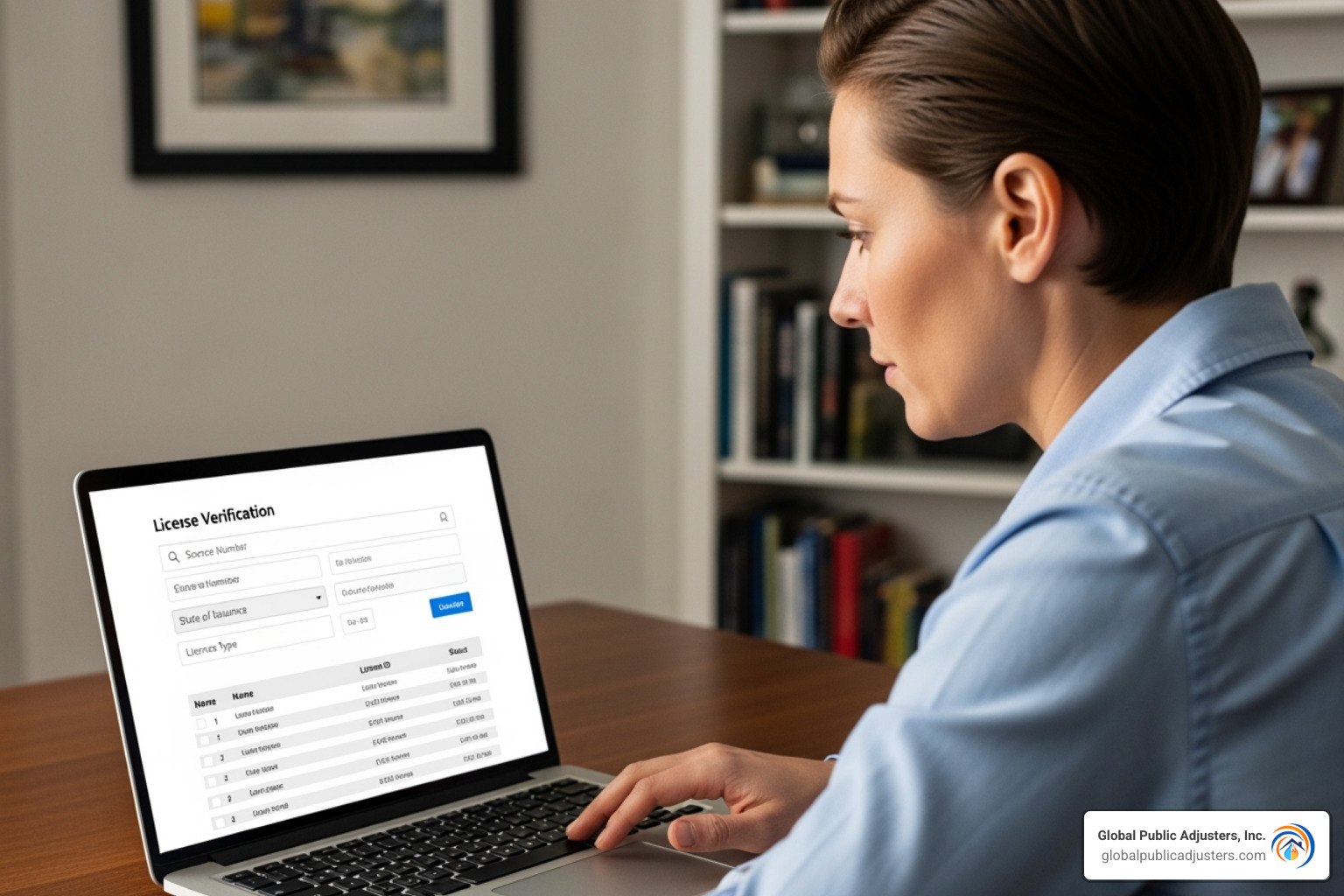 A person verifying a public adjuster's license on a computer screen - public adjuster pensacola