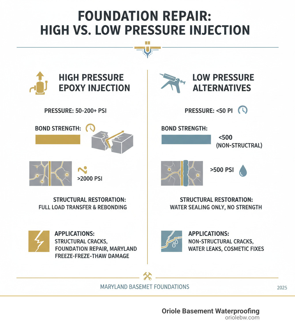 Detailed comparison infographic showing high pressure epoxy injection process versus low pressure alternatives, including pressure levels, bond strength statistics, structural restoration capabilities, and appropriate applications for Maryland basement foundations - high pressure epoxy injection infographic 