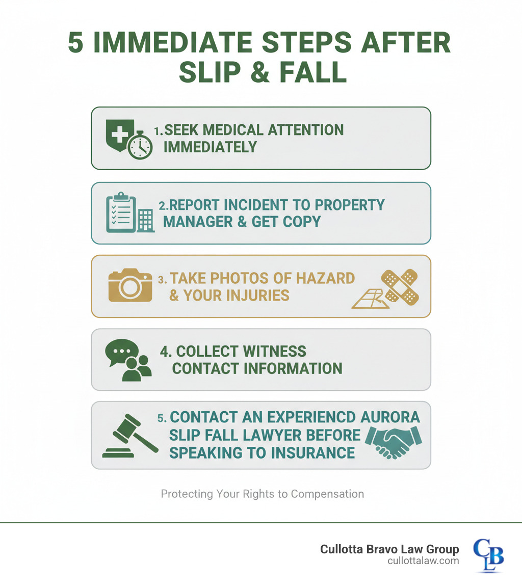 Infographic showing 5 immediate steps after slip and fall: 1. Seek medical attention immediately, 2. Report incident to property manager and get copy of report, 3. Take photos of hazard and your injuries, 4. Collect witness contact information, 5. Contact an experienced Aurora slip fall lawyer before speaking to insurance companies - Aurora slip fall lawyer infographic 