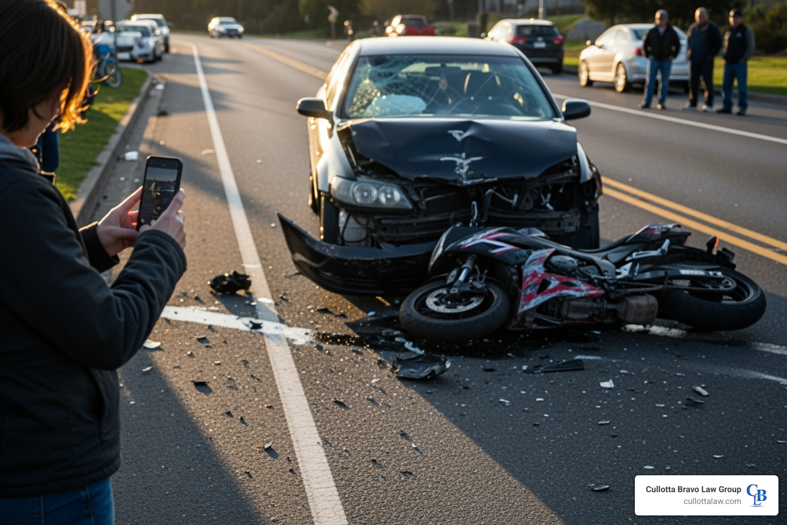 A person taking photos of a car and motorcycle after an accident - Motorcycle accident injury claim