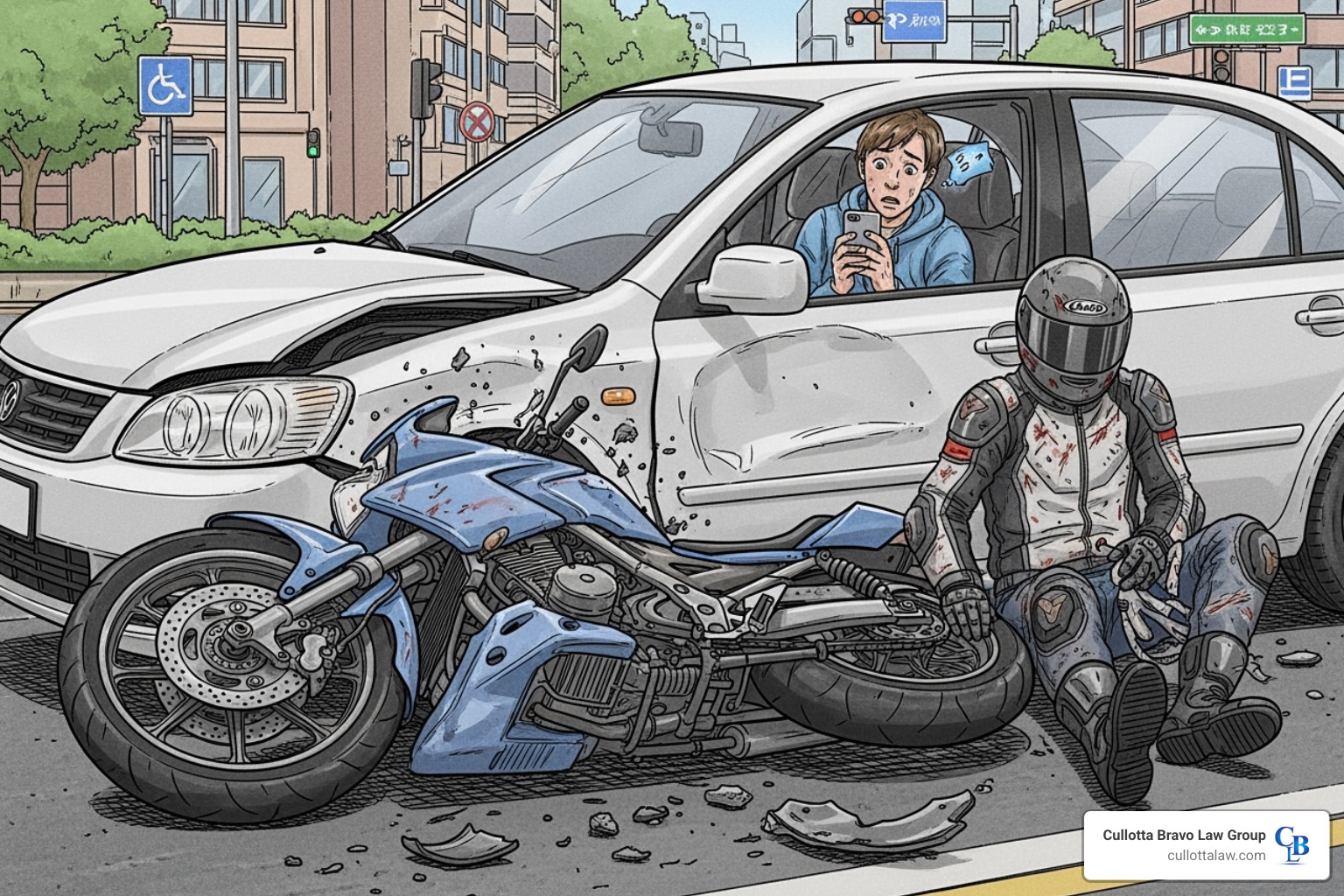Illustration showing a car driver texting, leading to a collision with a motorcycle, resulting in rider injury and financial loss - Motorcycle accident injury claim