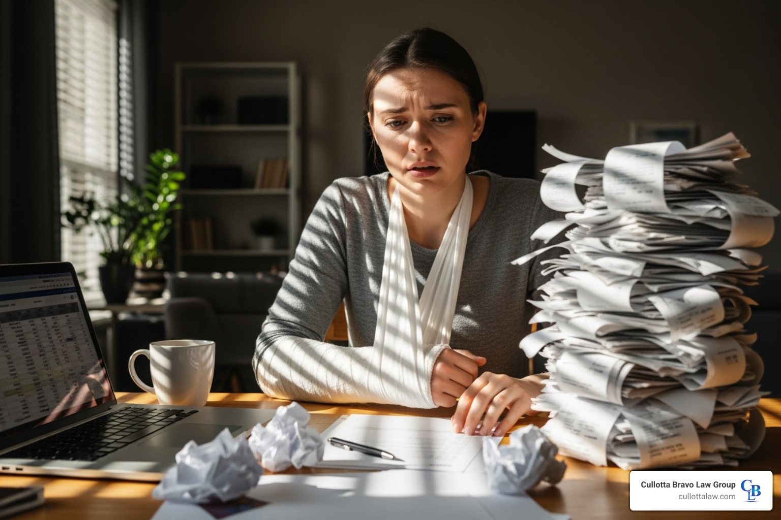 Person with a cast on their arm looking at medical bills - Aurora slip fall lawyer