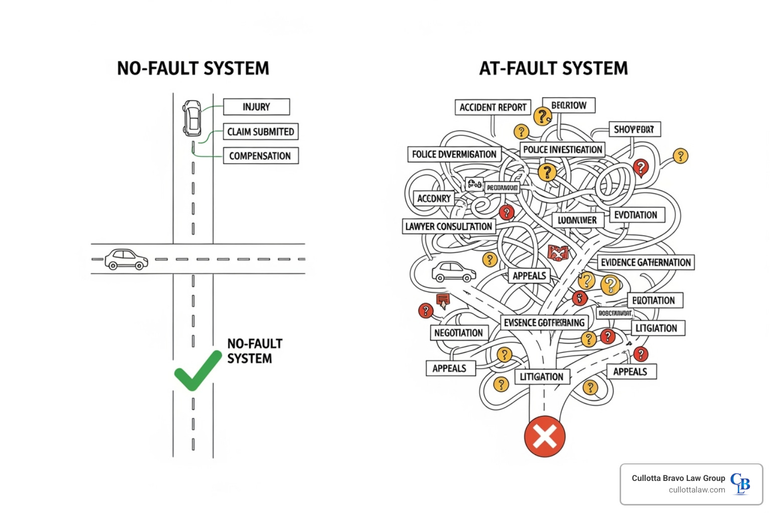 A diagram showing the flow of a no-fault claim versus an at-fault claim - Motorcycle accident no fault A diagram showing the flow of a no-fault claim versus an at-fault claim - Motorcycle accident no fault