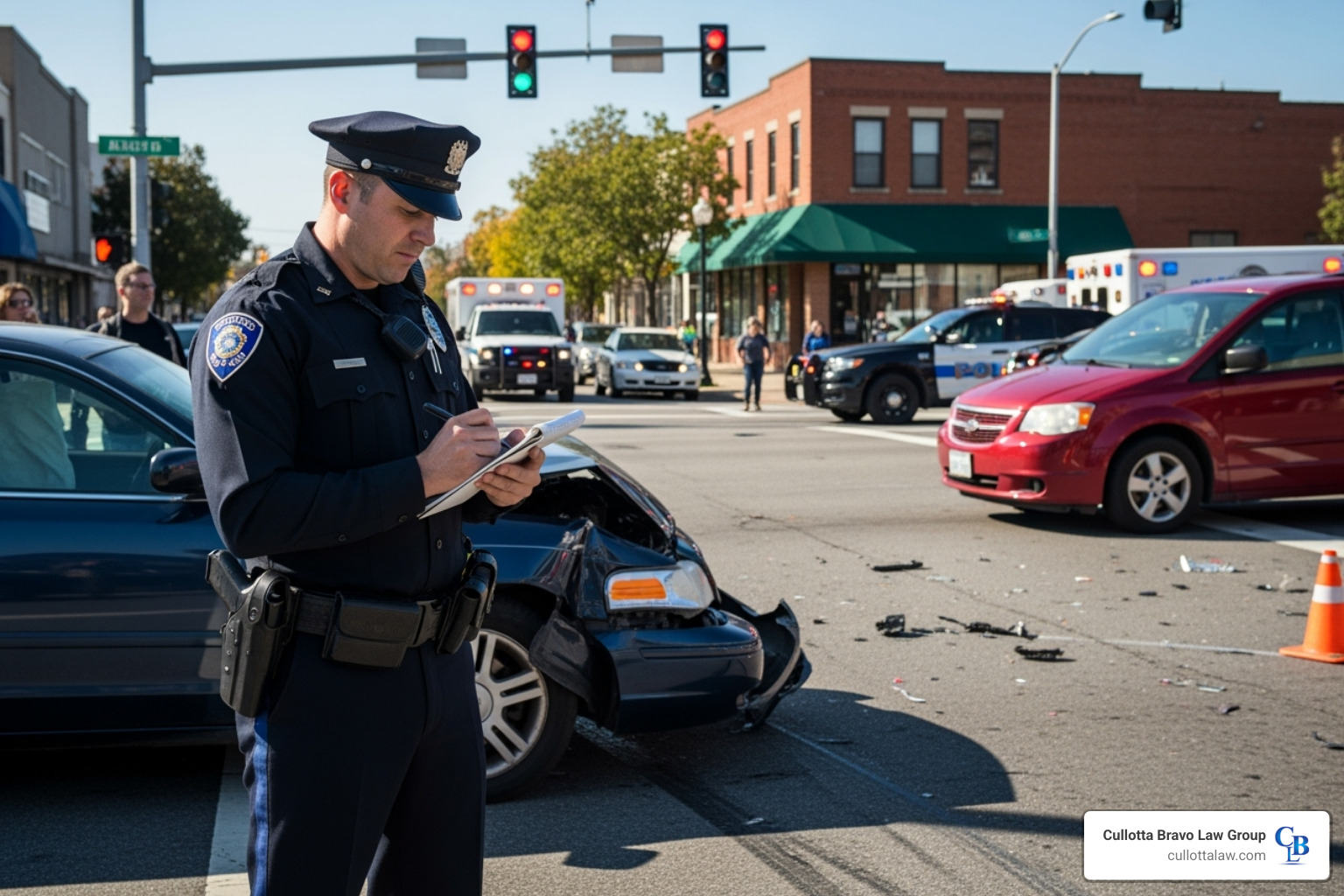 Police officer taking notes at an accident scene - Motorcycle accident no fault Police officer taking notes at an accident scene - Motorcycle accident no fault