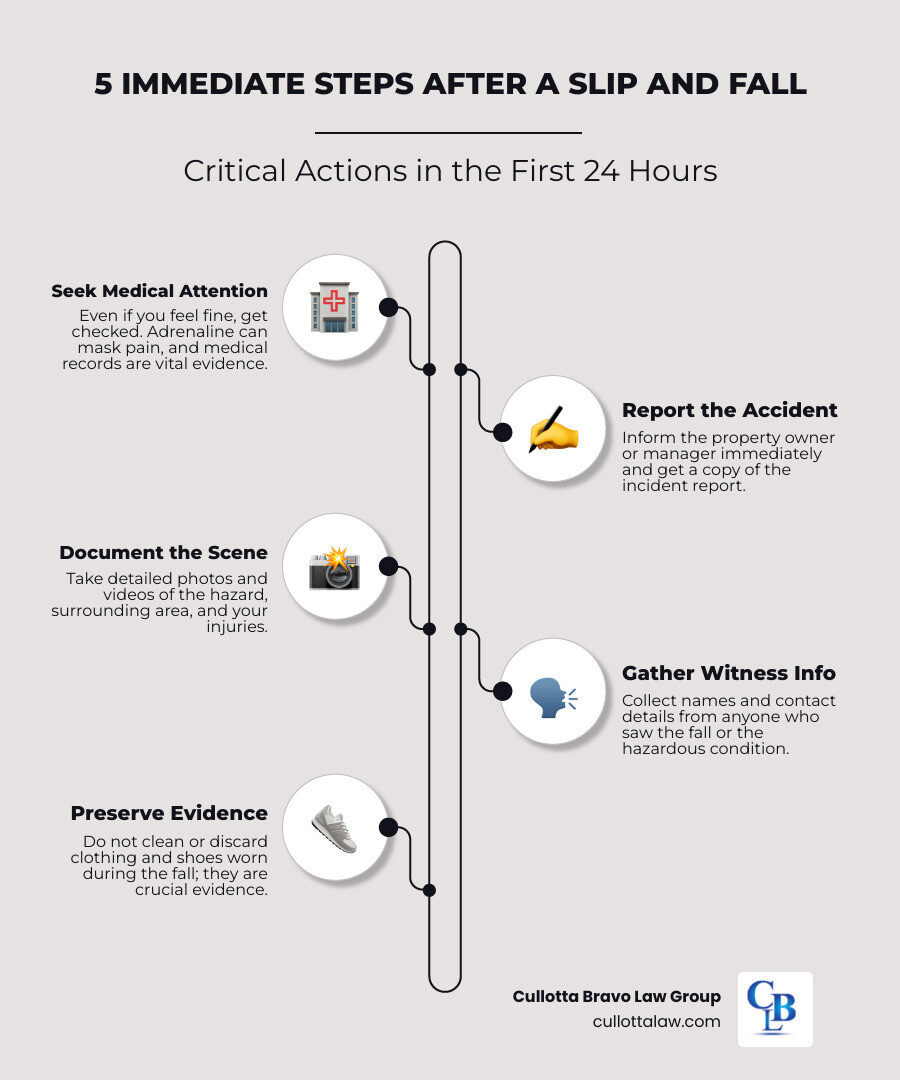 Infographic showing the 5 immediate steps after a slip and fall: 1. Seek medical attention immediately, 2. Report the accident to property owner/manager, 3. Take photos and videos of the hazard and scene, 4. Collect witness names and contact information, 5. Preserve clothing and shoes as evidence - all within the first 24 hours - slip and fall lawsuit infographic infographic-line-5-steps-neat_beige