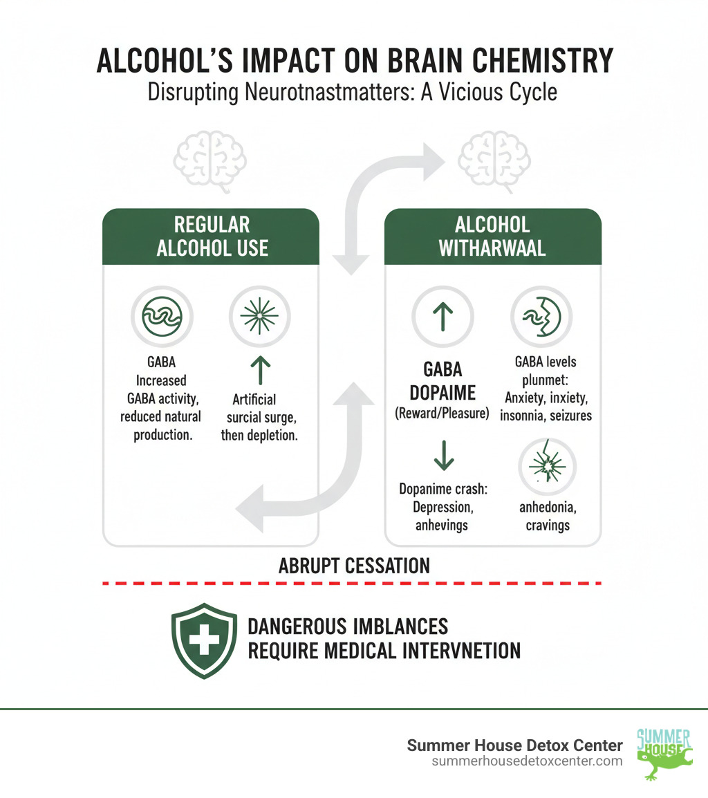 Detailed infographic showing the cycle of alcohol's impact on brain neurotransmitters including GABA and dopamine, illustrating how regular alcohol use disrupts natural brain chemistry and how withdrawal creates dangerous imbalances requiring medical intervention - alcohol detox mental health infographic  Detailed infographic showing the cycle of alcohol's impact on brain neurotransmitters including GABA and dopamine, illustrating how regular alcohol use disrupts natural brain chemistry and how withdrawal creates dangerous imbalances requiring medical intervention - alcohol detox mental health infographic