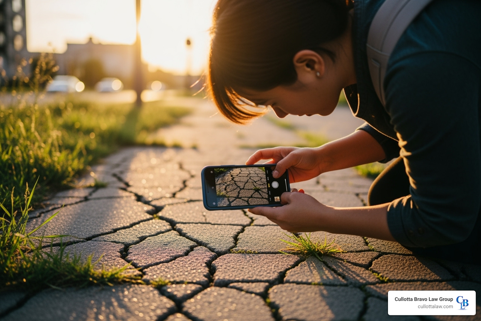 person taking photo of cracked sidewalk - slip and fall lawsuit