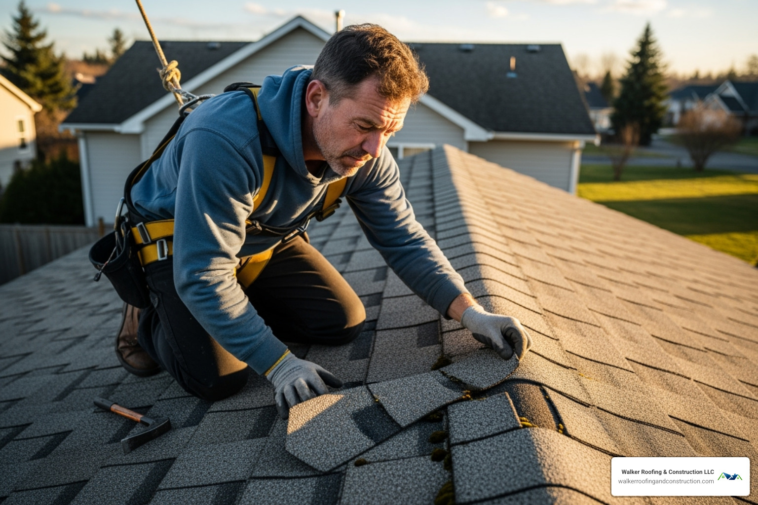 A roofer carefully inspecting a damaged shingle on a residential roof - roof repair mentor