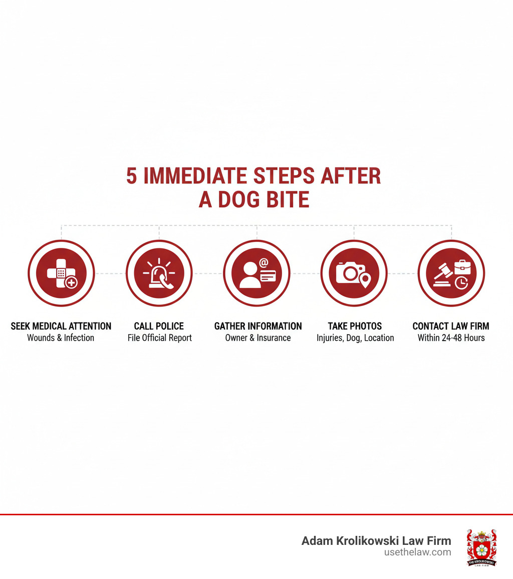 Infographic showing 5 immediate steps after a dog bite: 1. Seek medical attention immediately for wounds and infection prevention, 2. Call police or animal control to file an official report, 3. Gather dog owner's contact information and insurance details, 4. Take photos of injuries, the dog, and incident location, 5. Contact a dog bite law firm within 24-48 hours - Dog bite law firm infographic Infographic showing 5 immediate steps after a dog bite: 1. Seek medical attention immediately for wounds and infection prevention, 2. Call police or animal control to file an official report, 3. Gather dog owner's contact information and insurance details, 4. Take photos of injuries, the dog, and incident location, 5. Contact a dog bite law firm within 24-48 hours - Dog bite law firm infographic