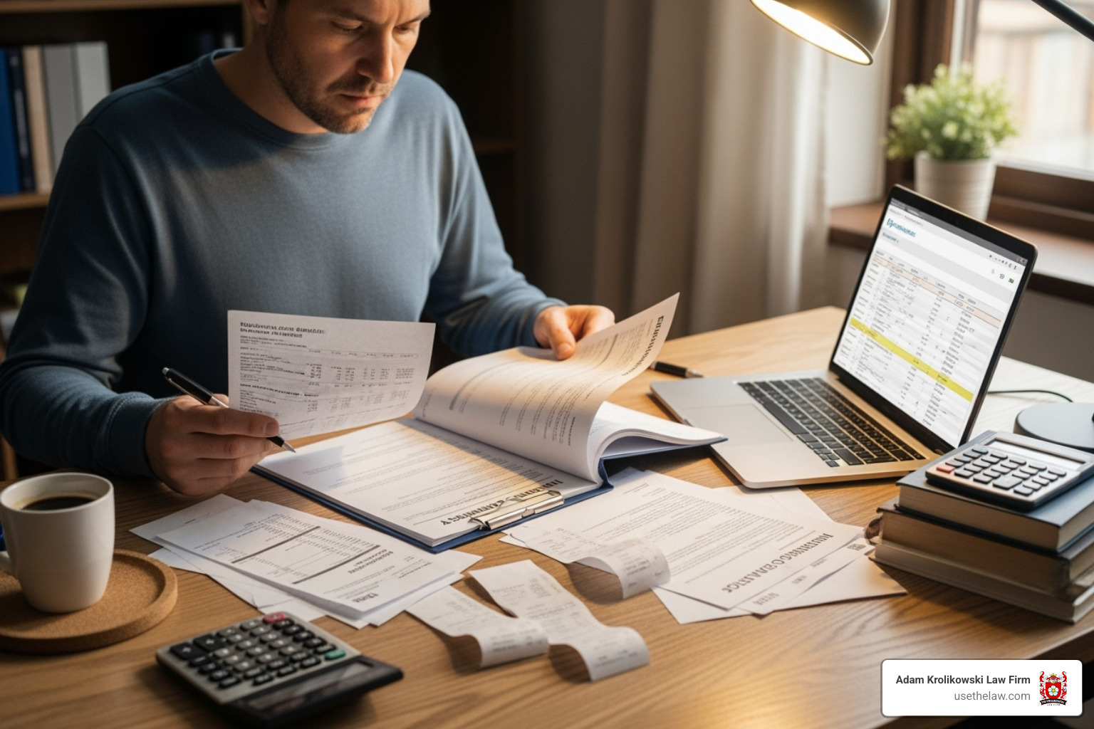 Person reviewing medical bills and insurance policy document - Dog bite law firm Person reviewing medical bills and insurance policy document - Dog bite law firm