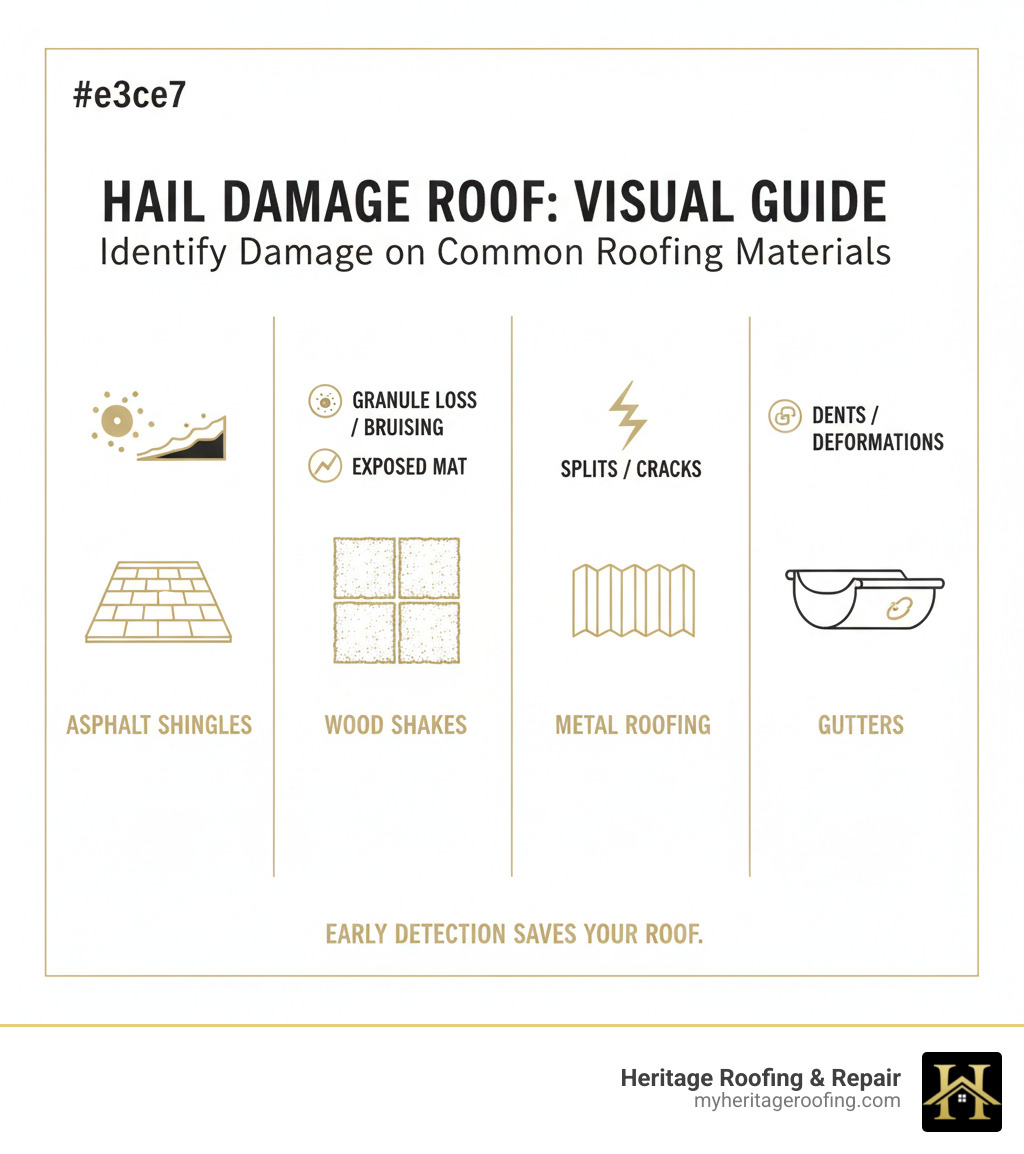 Comprehensive visual guide showing hail damage identification on asphalt shingles, wood shakes, metal roofing, and gutters with specific damage indicators like granule loss, dents, and splits - hail damage roof infographic Comprehensive visual guide showing hail damage identification on asphalt shingles, wood shakes, metal roofing, and gutters with specific damage indicators like granule loss, dents, and splits - hail damage roof infographic