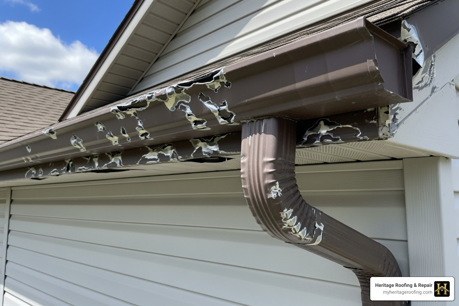 Dented gutters and downspouts after a hailstorm - hail damage roof Dented gutters and downspouts after a hailstorm - hail damage roof