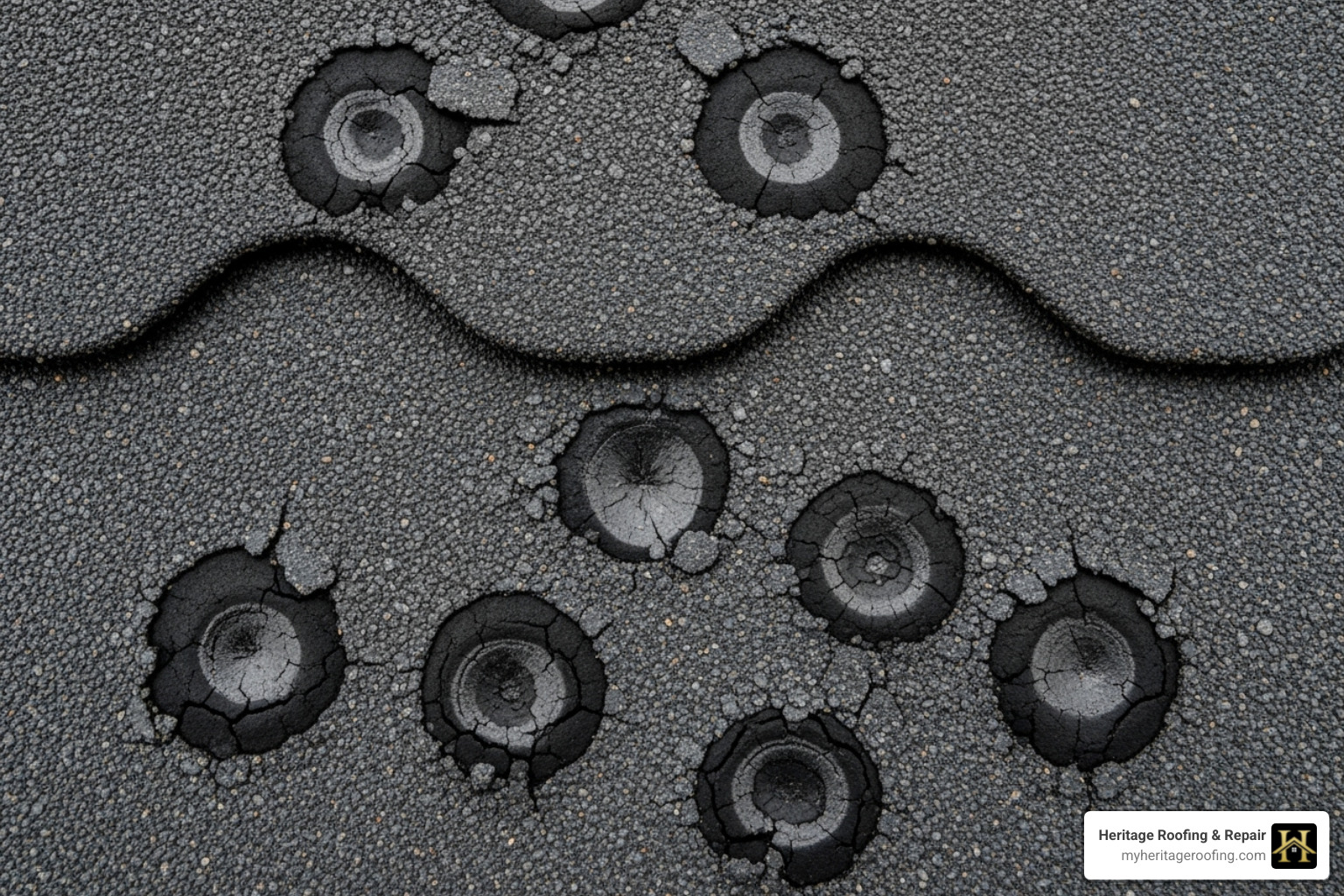 An asphalt shingle with granule loss, appearing as dark, bruised spots - hail damage roof An asphalt shingle with granule loss, appearing as dark, bruised spots - hail damage roof