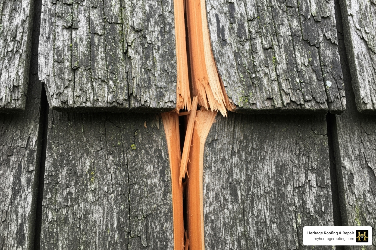 A wood shingle with a fresh, orange-colored split - hail damage roof A wood shingle with a fresh, orange-colored split - hail damage roof