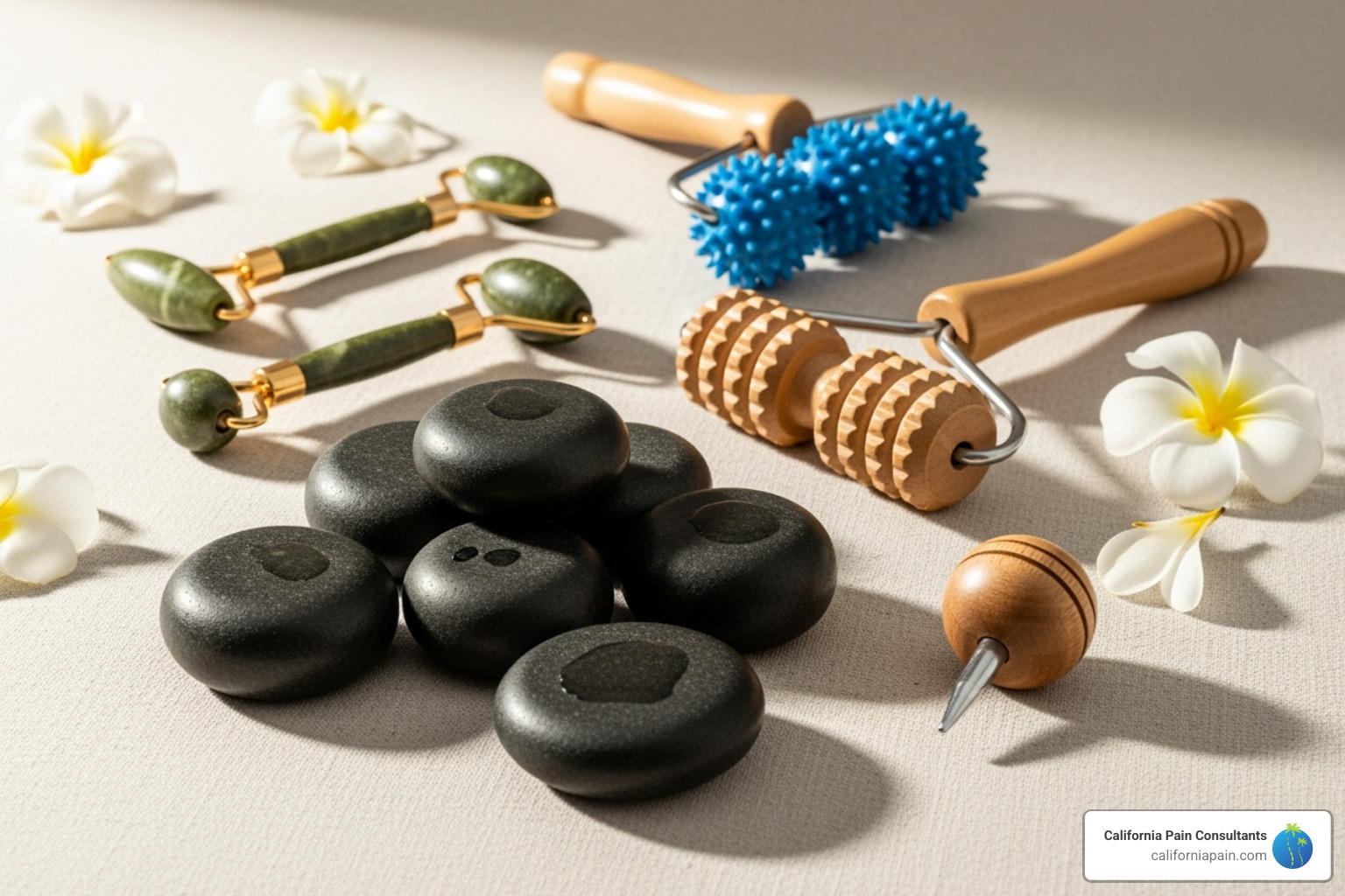 Different massage tools like hot stones and rollers - massage complementary therapy Different massage tools like hot stones and rollers - massage complementary therapy