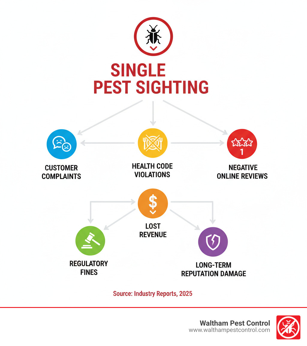 Infographic showing the cascading negative impacts of a single pest sighting in a commercial setting, including immediate customer complaints, health code violations, negative online reviews, lost revenue, regulatory fines, and long-term reputation damage - commercial property pest control infographic 