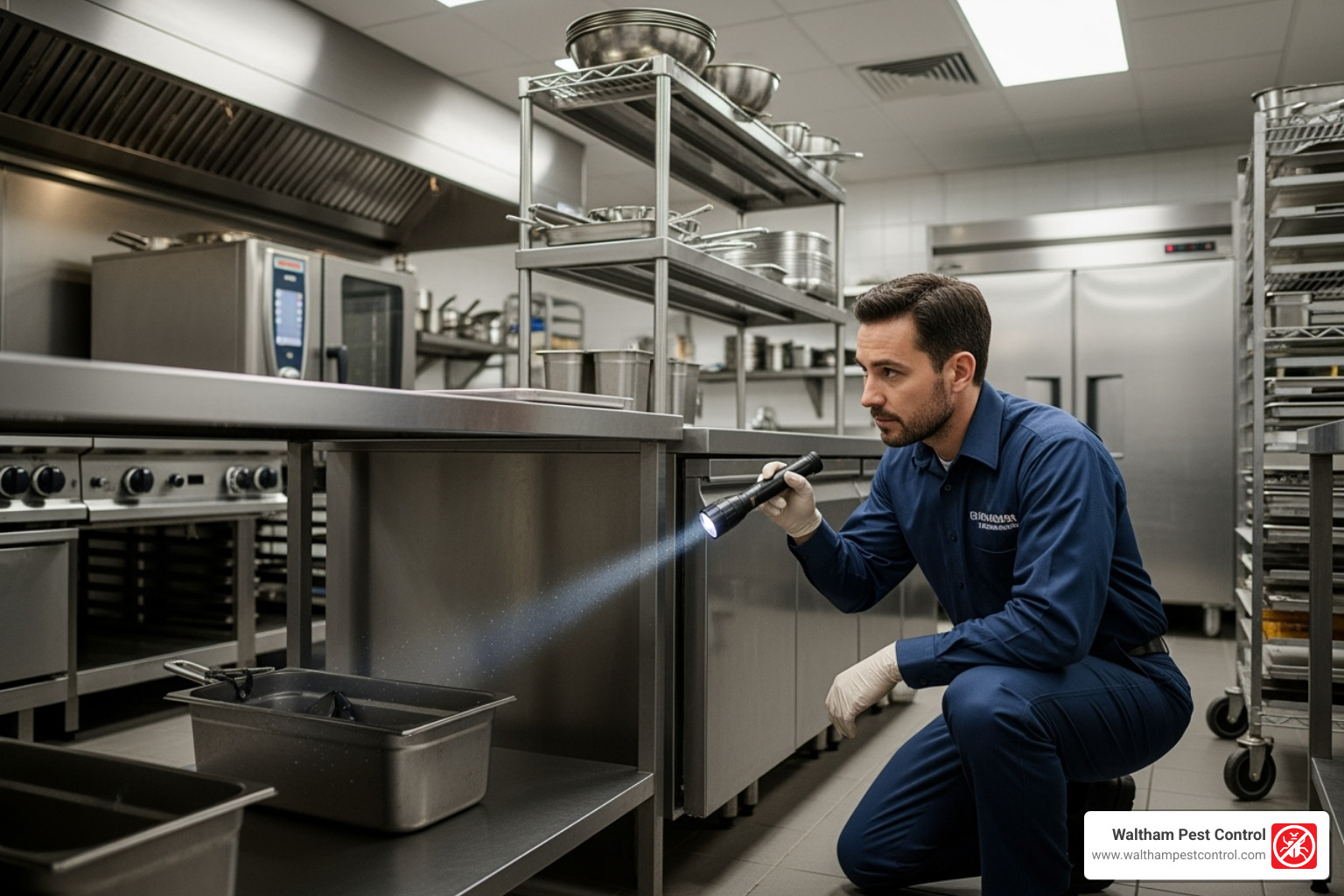 A technician discreetly inspecting a restaurant kitchen for signs of pests - commercial property pest control