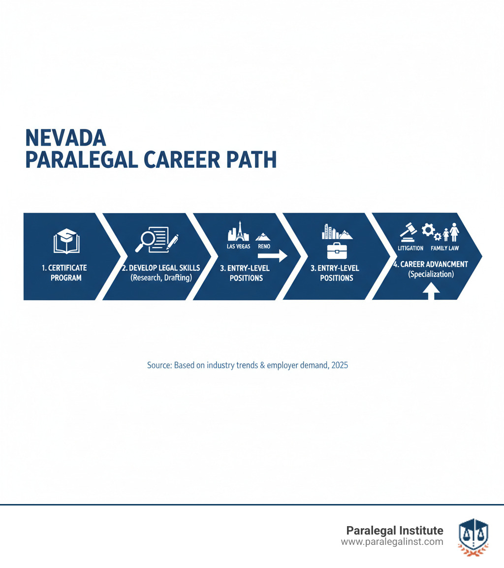 Infographic showing Nevada paralegal career path: Complete a paralegal program, develop key legal skills like research and drafting, apply to entry-level positions in Las Vegas or Reno markets, advance career with specialization in litigation, corporate, or family law - paralegal jobs in nevada infographic 
