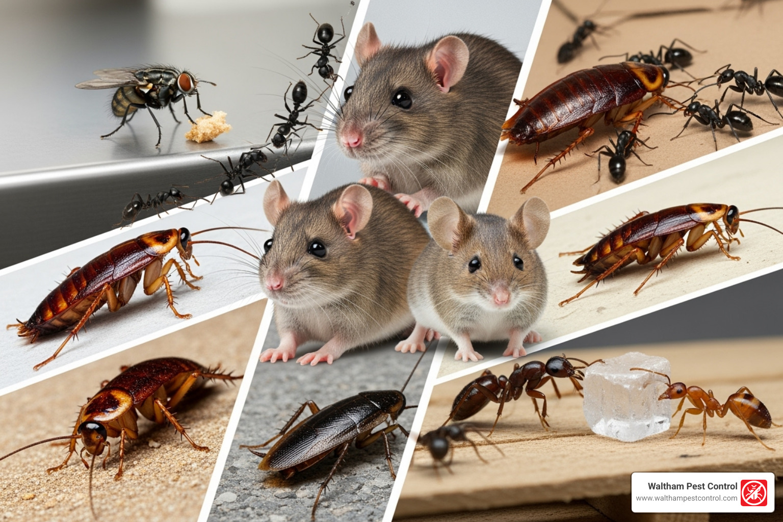 A collage of common commercial pests like rodents, cockroaches, and ants - commercial property pest control
