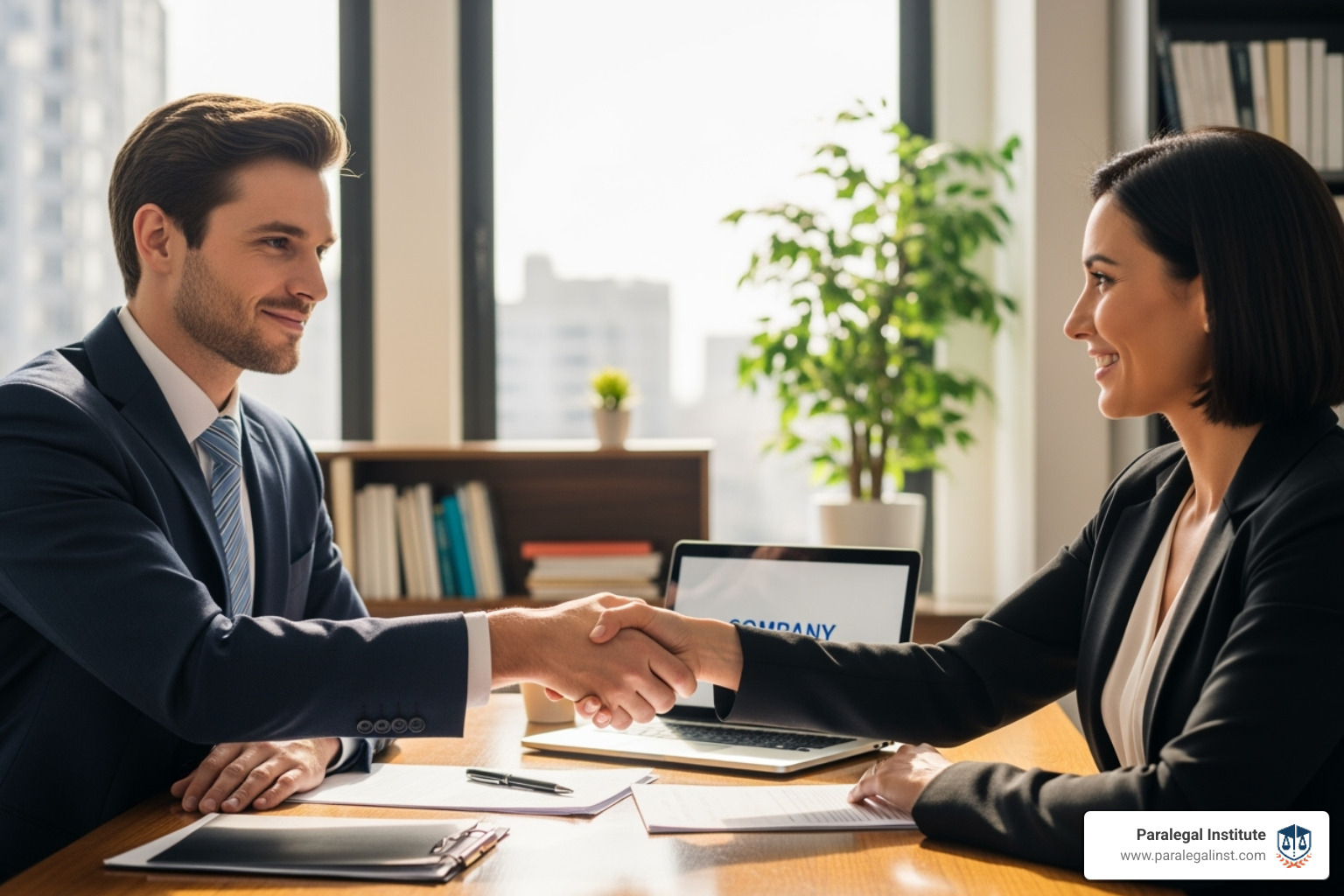 A person in professional attire shaking hands with an interviewer across a desk - paralegal jobs in nevada