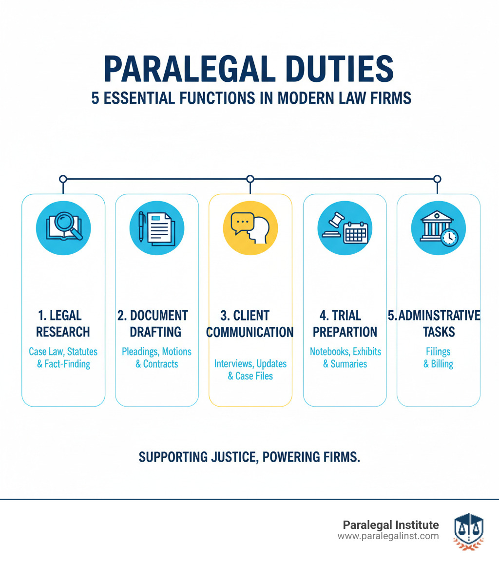 Detailed breakdown of the 5 key duties performed by paralegals in modern law firms, showing legal research, document drafting, client communication, trial preparation, and administrative tasks - 5 typical duties of paralegals infographic 