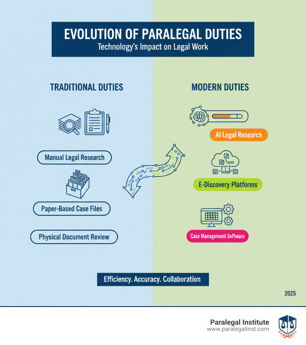 Infographic displaying the evolution of paralegal duties due to technology, including AI in legal research, e-discovery platforms, and case management software - 5 typical duties of paralegals infographic 