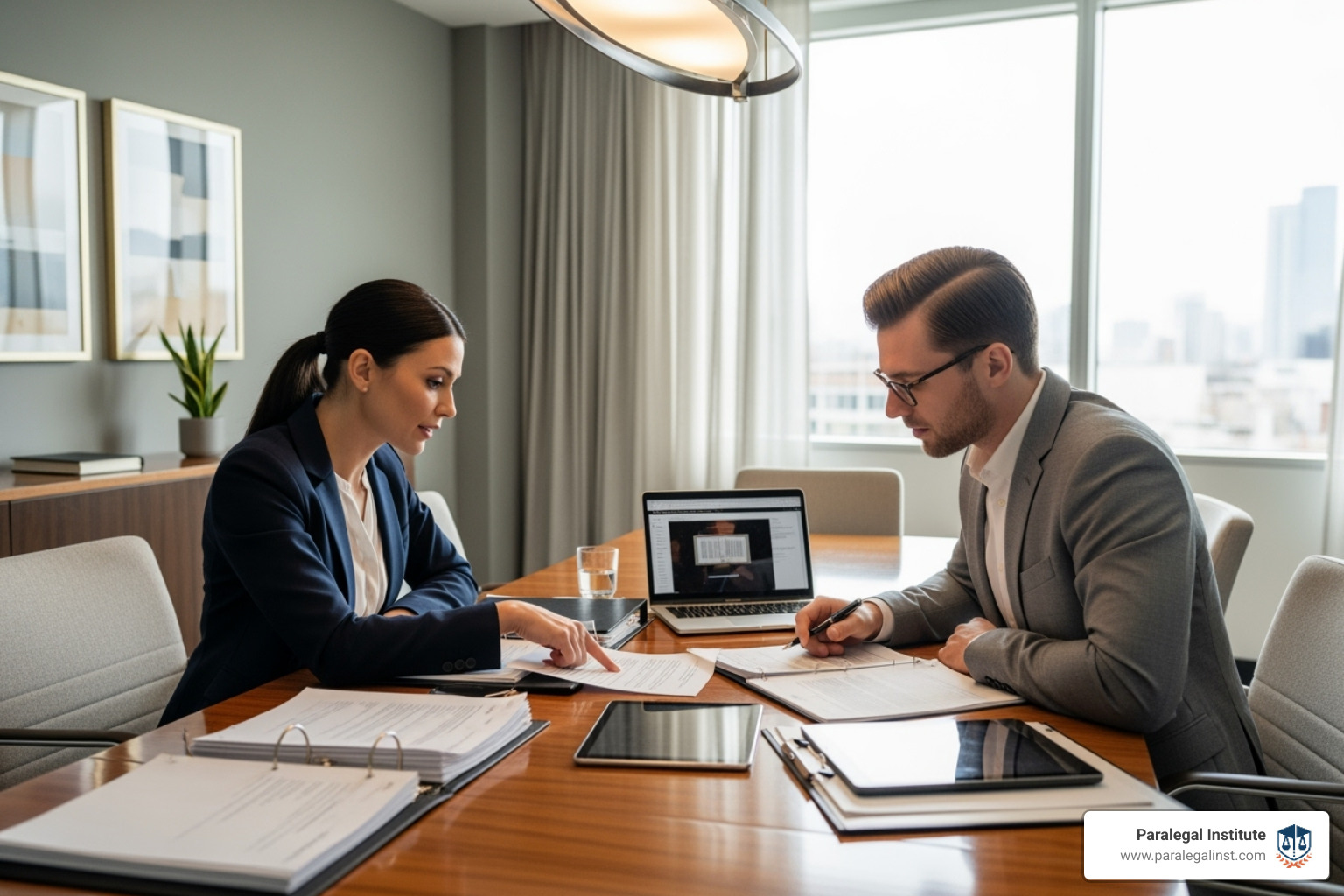 Paralegal and attorney collaborating on a case in a meeting room - 5 typical duties of paralegals