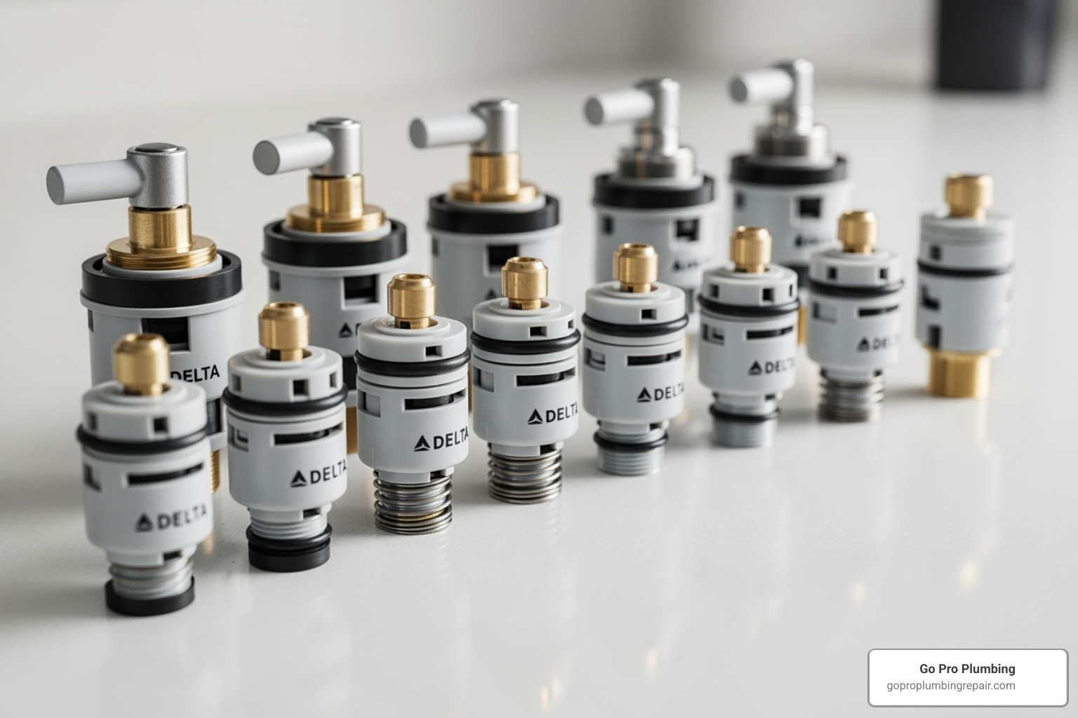 A close-up image showing various types of Delta faucet cartridges laid out for easy identification - delta faucets cartridge replacement