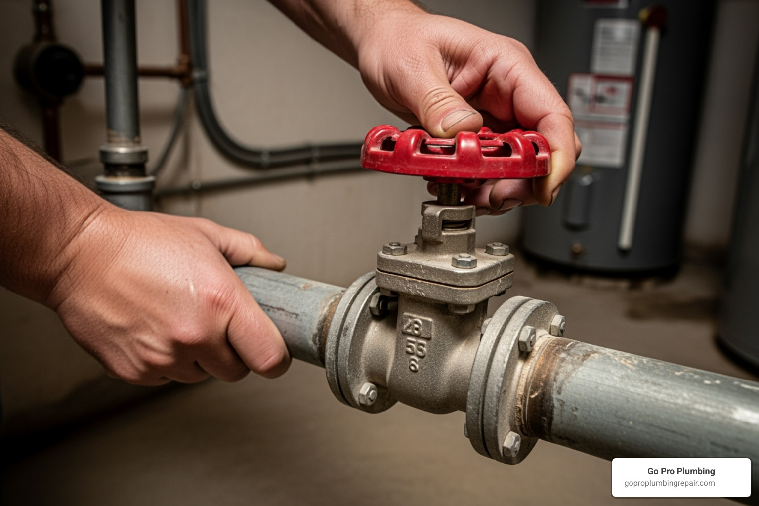 An image showing a person shutting off the main water supply valve to a house - delta faucets cartridge replacement