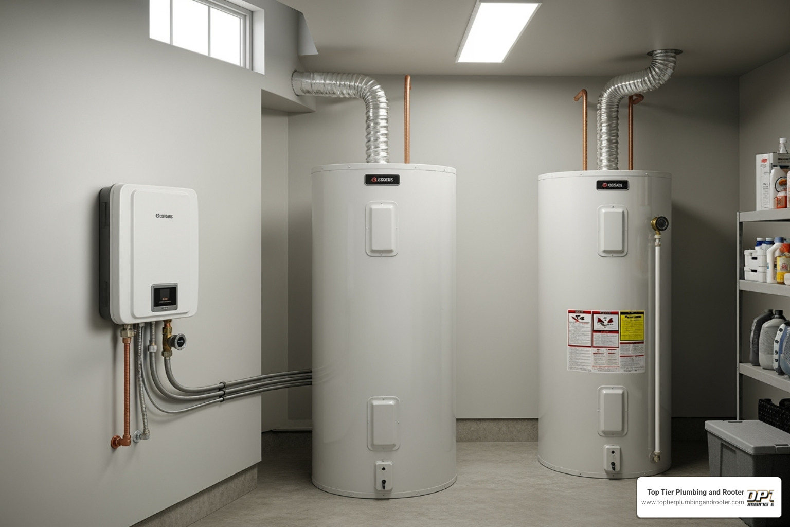 Image comparing the compact size of a tankless water heater to a large traditional tank model - tankless water heater sizing Image comparing the compact size of a tankless water heater to a large traditional tank model - tankless water heater sizing