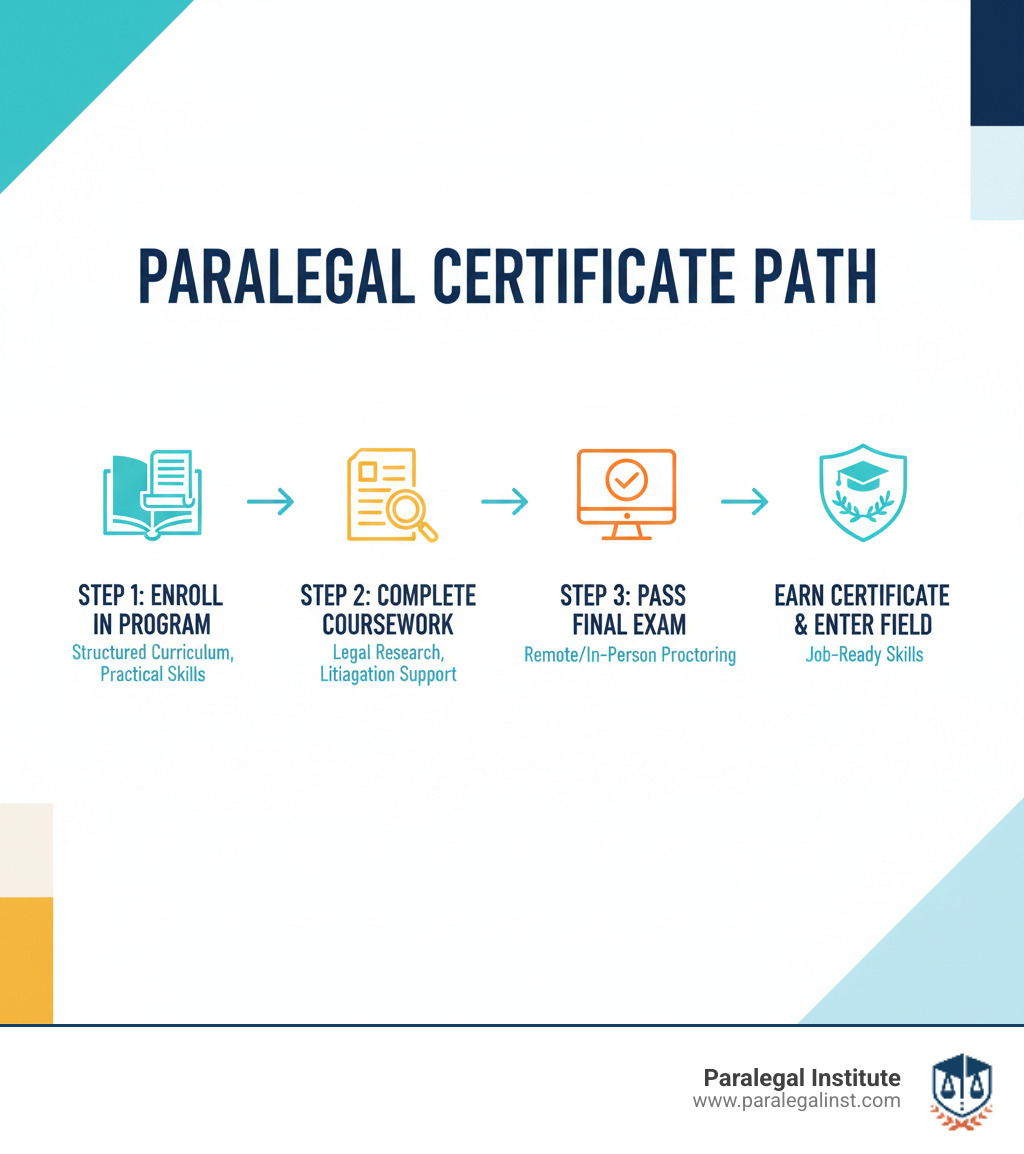 Infographic showing the paralegal certificate path: Step 1 - Enroll in Paralegal Certificate Program with structured curriculum and practical skills training, Step 2 - Complete coursework covering legal research, litigation support, and document preparation, Step 3 - Pass final certificate exam with remote or in-person proctoring options, Step 4 - Earn paralegal certificate and enter legal field with job-ready skills - paralegal exam dates infographic 