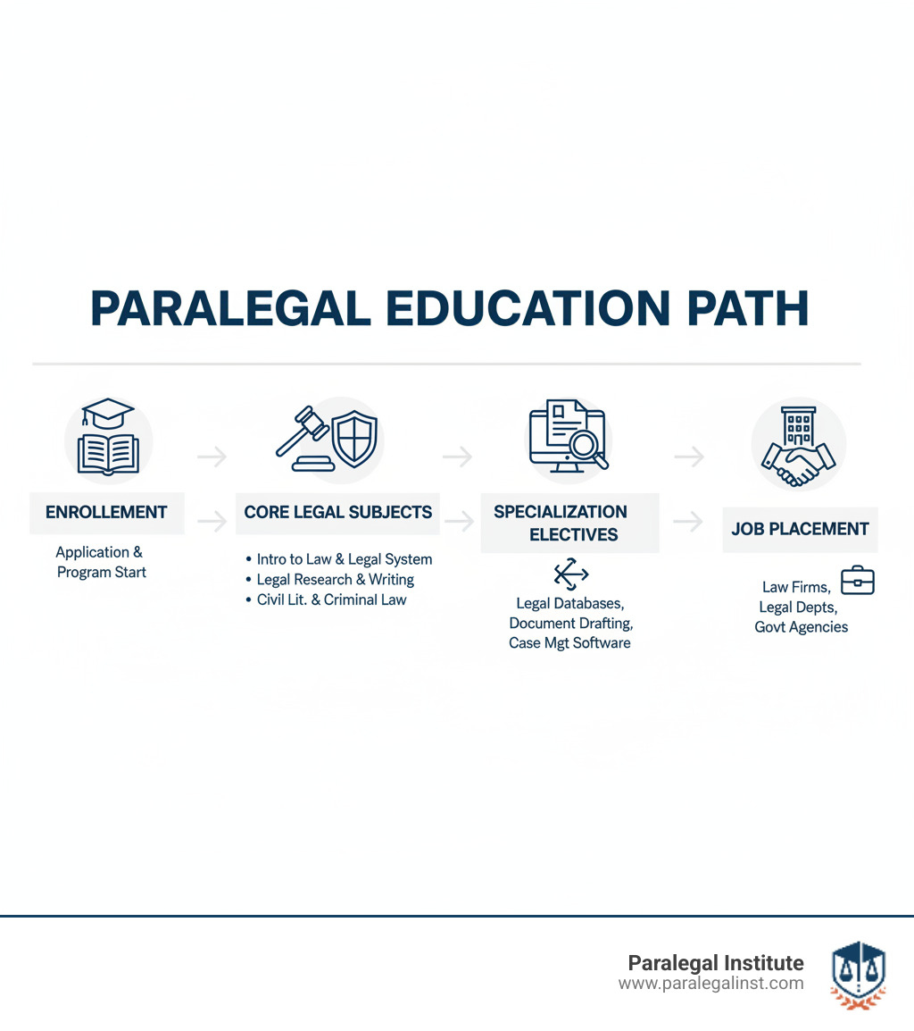 Infographic showing the typical paralegal education path from enrollment through core legal subjects, practical skills training, specialization electives, and final job placement in law firms - paralegal course curriculum infographic 