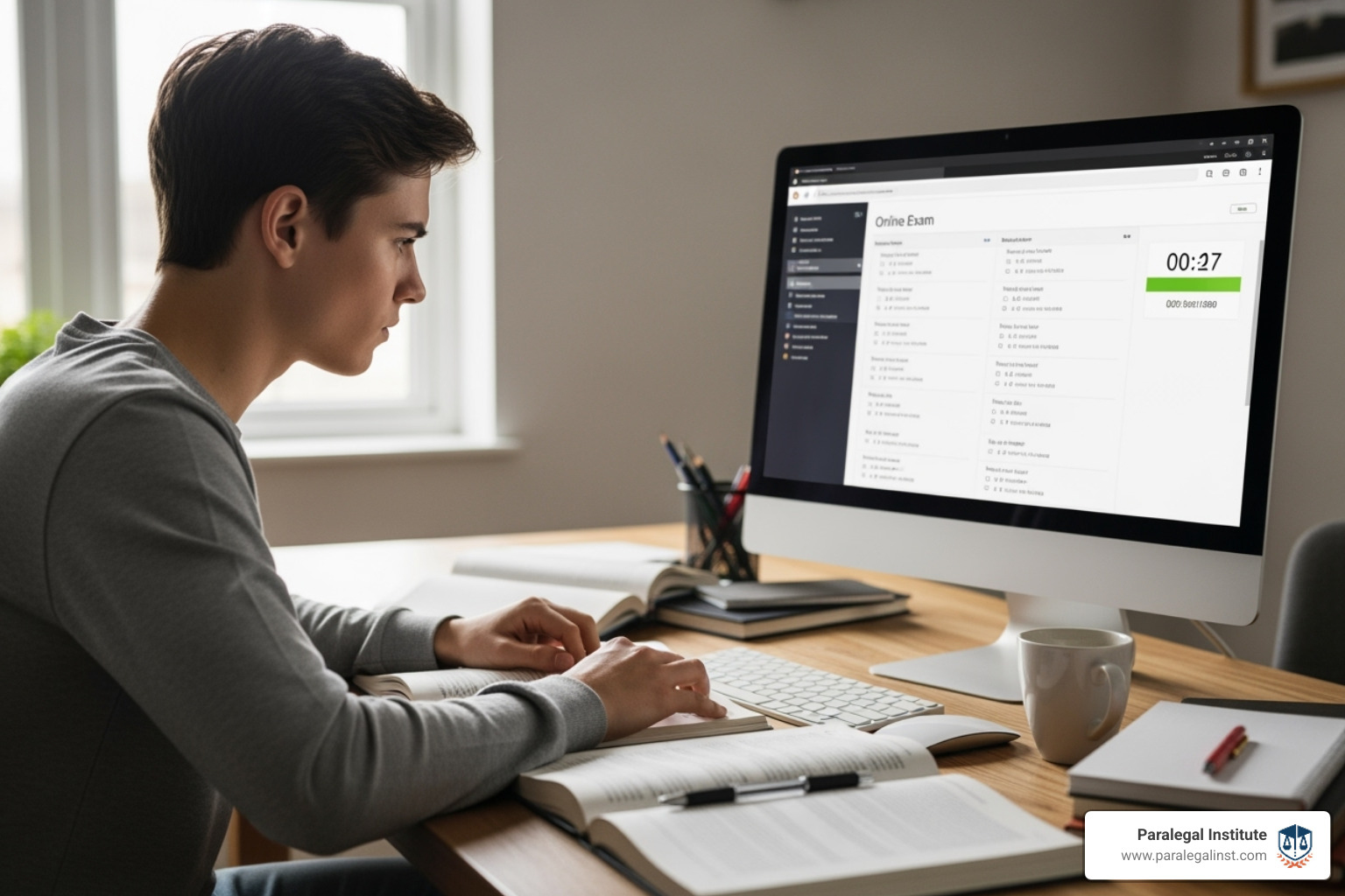 A person at a desk looking at a computer screen with an exam on it. - paralegal exam dates
