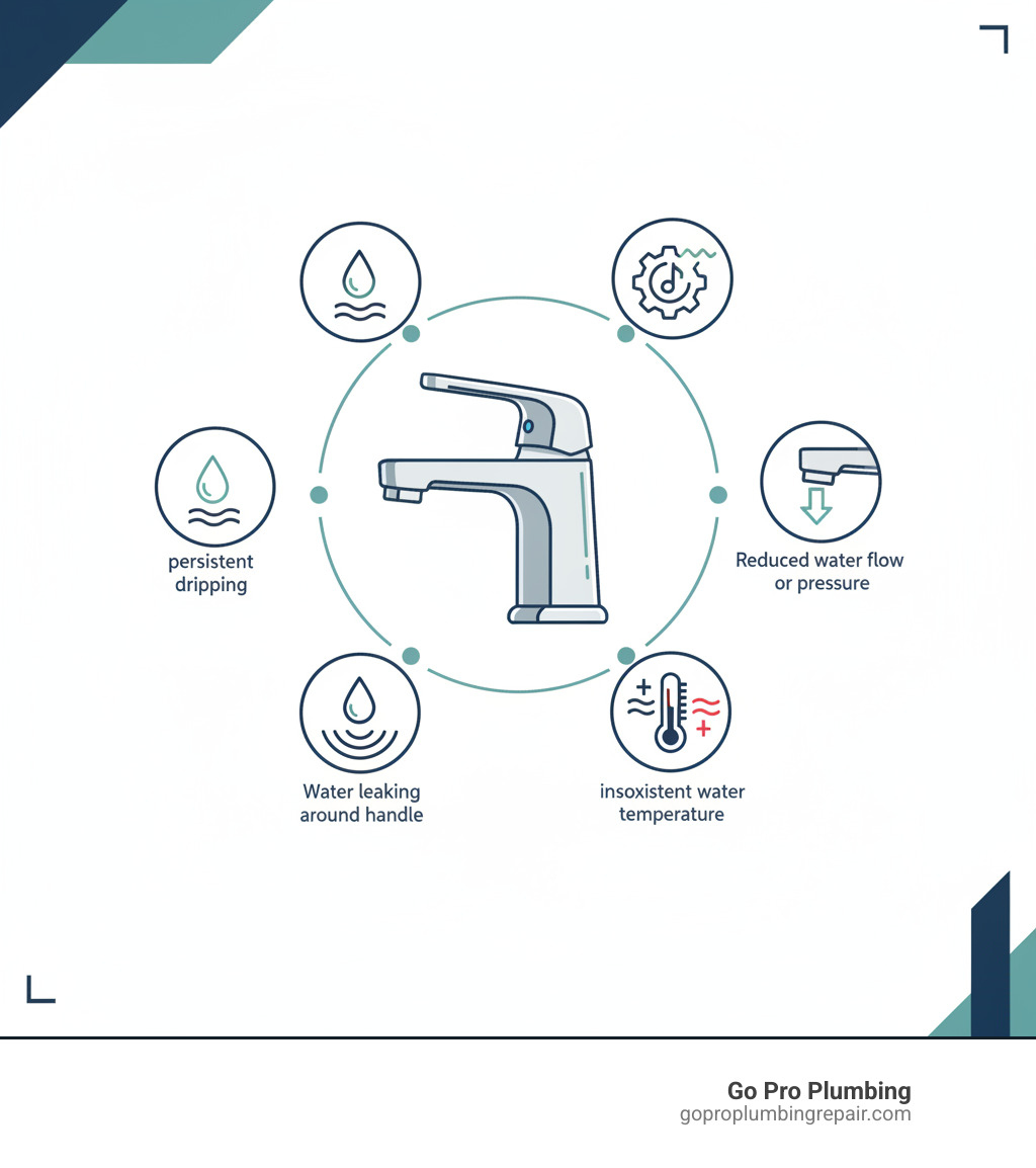 Infographic showing 5 common signs a Delta faucet cartridge is failing: persistent dripping from spout, water leaking around handle base, stiff or squeaky handle operation, inconsistent water temperature control, and reduced water flow or pressure - delta faucets cartridge replacement infographic 