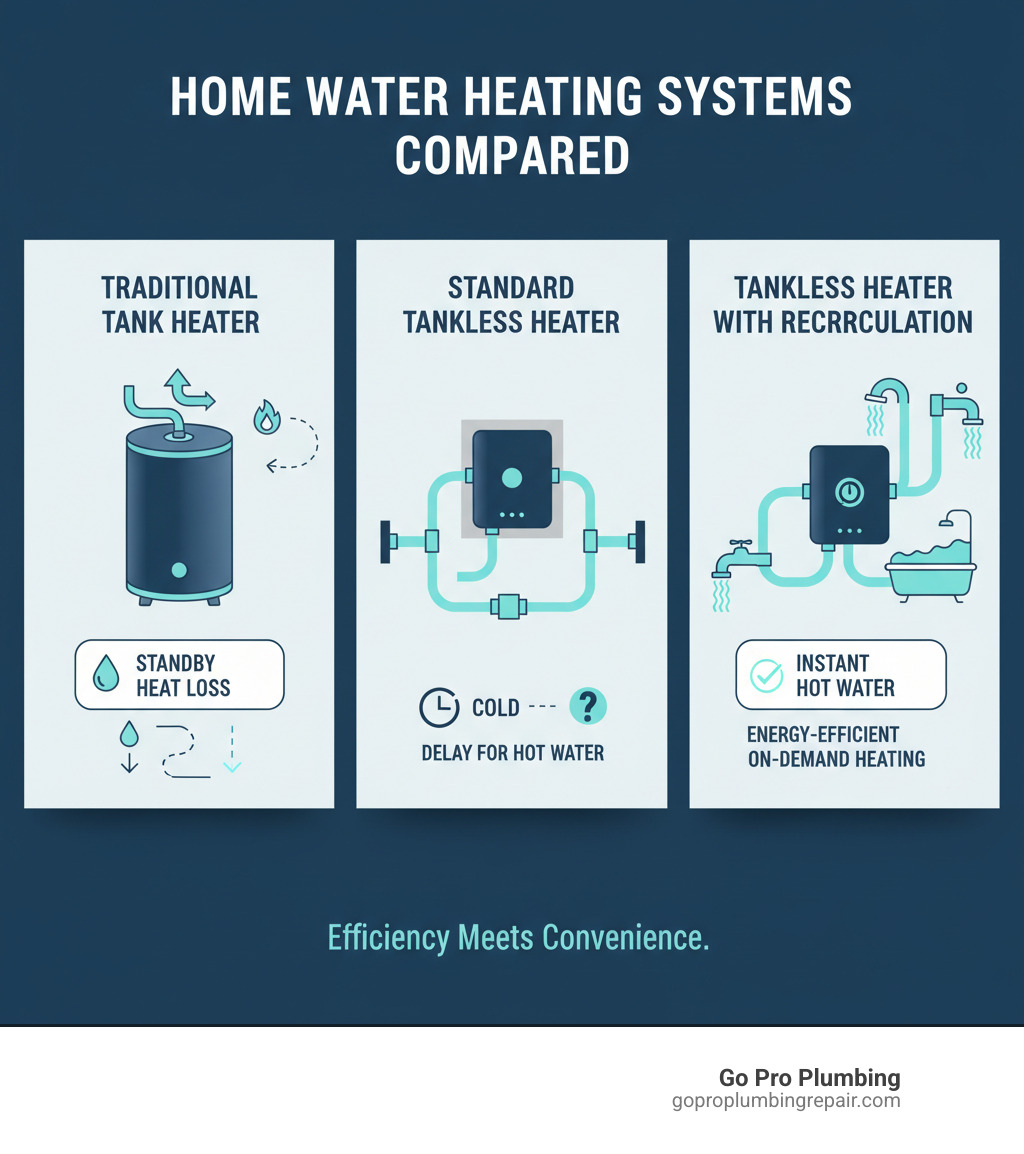 Infographic comparing three water heating systems: traditional tank heater showing standby heat loss, standard tankless heater showing delay for hot water delivery, and tankless heater with built-in recirculating pump showing instant hot water at all fixtures with energy-efficient on-demand heating - electric tankless water heater with built in recirculating pump infographic 