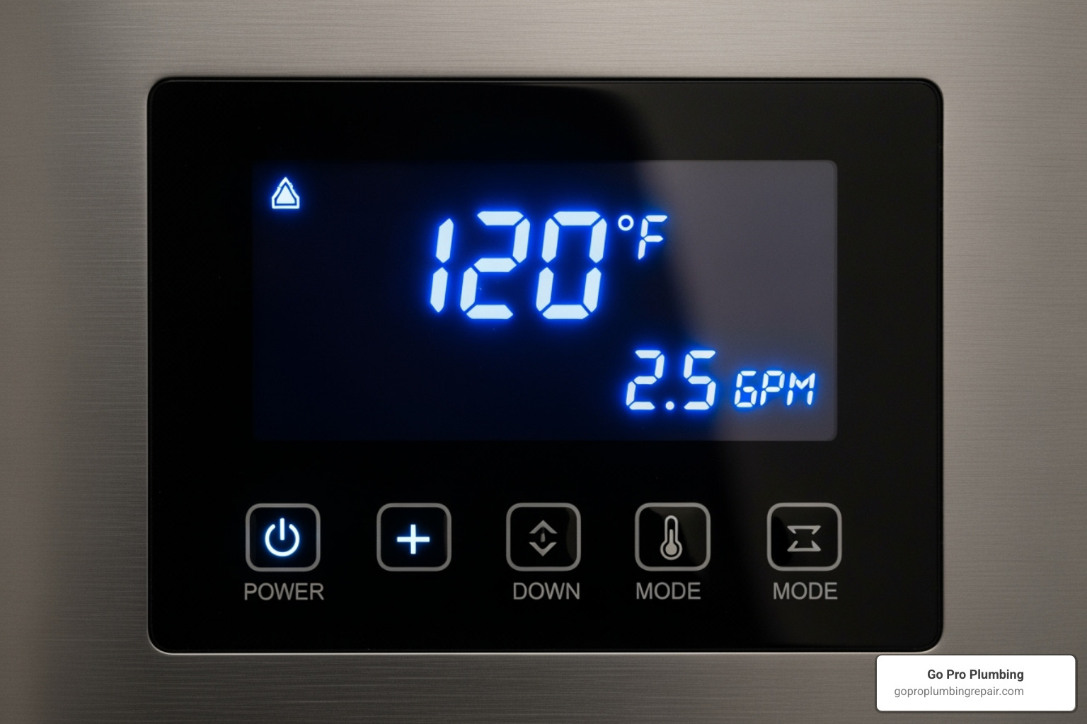 Digital control panel of a tankless water heater displaying temperature and flow rate - electric tankless water heater with built in recirculating pump
