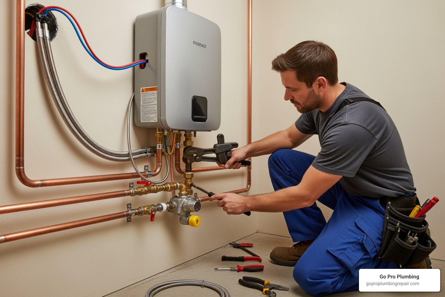 Plumber installing a tankless water heater in a utility closet - electric tankless water heater with built in recirculating pump