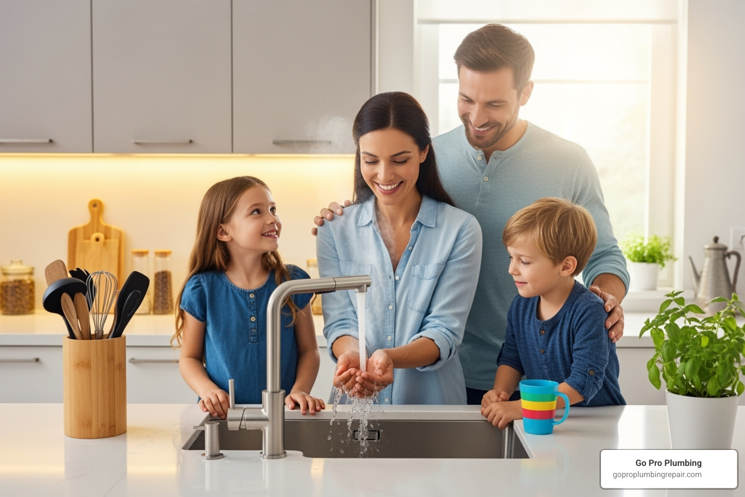 Family enjoying instant hot water from a kitchen faucet - electric tankless water heater with built in recirculating pump