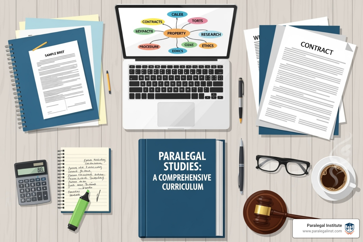 flowchart showing core subjects leading to specialized skills - paralegal course curriculum
