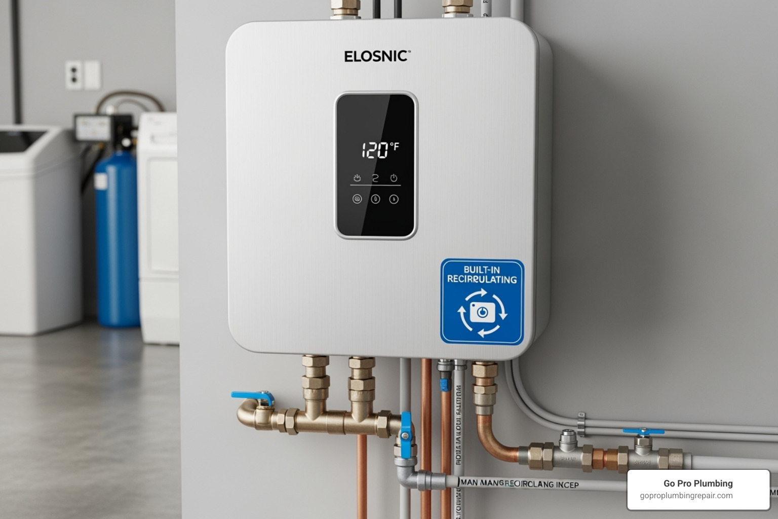 Diagram of a home plumbing system showing a recirculation loop with a tankless water heater and pump - electric tankless water heater with built in recirculating pump