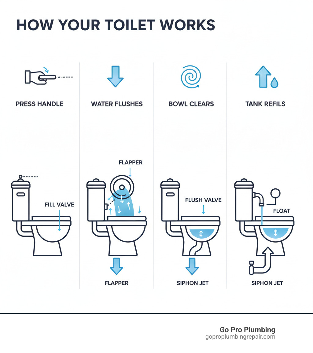 Infographic showing the complete toilet flush process from handle press to tank refill, including water flow through the flush valve, flapper mechanism, bowl siphon action, and tank refilling through the fill valve - toilet flush valve replacement infographic  Infographic showing the complete toilet flush process from handle press to tank refill, including water flow through the flush valve, flapper mechanism, bowl siphon action, and tank refilling through the fill valve - toilet flush valve replacement infographic