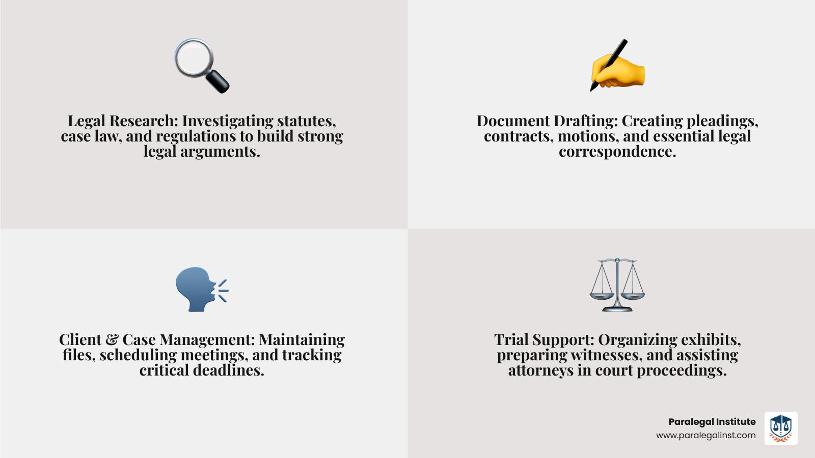 Infographic showing four main paralegal functions: Legal Research and Analysis (investigating statutes, case law, and regulations), Document Preparation and Drafting (creating pleadings, contracts, motions, and correspondence), Client Communication and Case Management (maintaining files, scheduling meetings, tracking deadlines), and Trial and Court Support (organizing exhibits, preparing witnesses, assisting attorneys in courtroom proceedings) - paralegal roles and responsibilities infographic 4_facts_emoji_grey