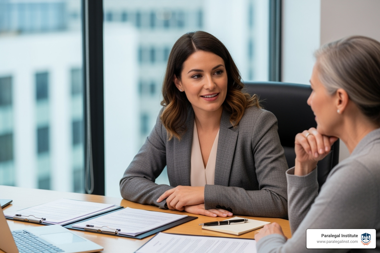 paralegal compassionately speaking with a client in a professional setting - paralegal family law paralegal compassionately speaking with a client in a professional setting - paralegal family law