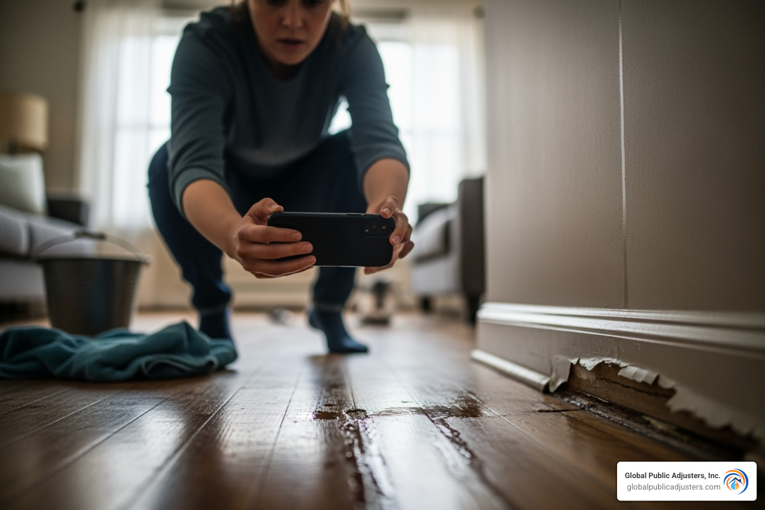 homeowner taking photos of water damage inside their home with a smartphone - flood damage insurance claims palm beach