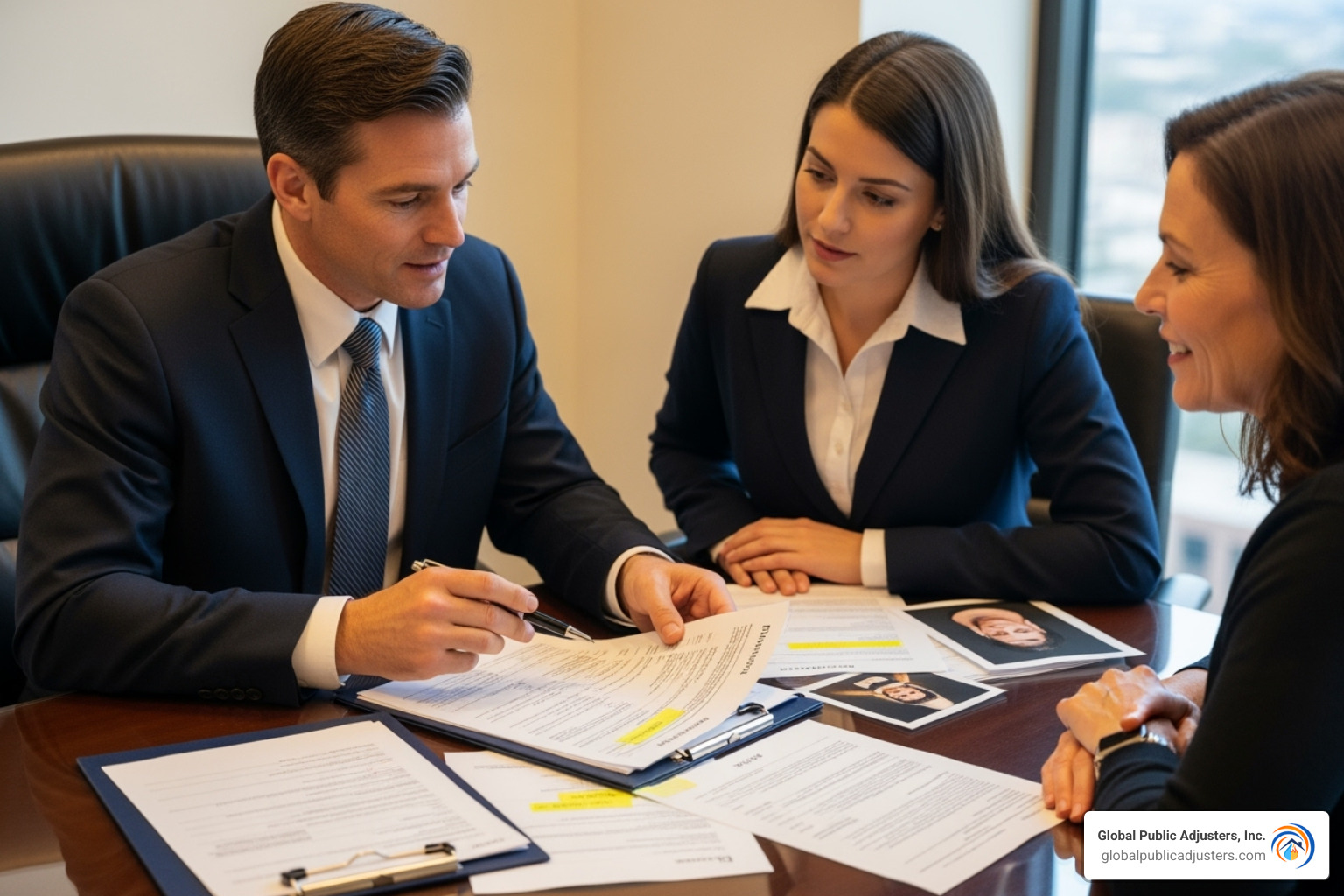an attorney and a public adjuster confidently reviewing documents with a client - attorneys that fight insurance companies
